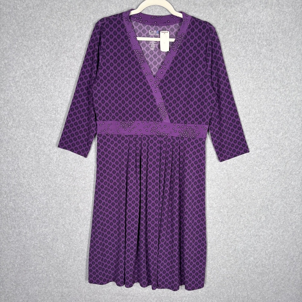 Croft Barrow Wrap Midi Dress M Purple Medallion Slinky Liquid Pleated Career
